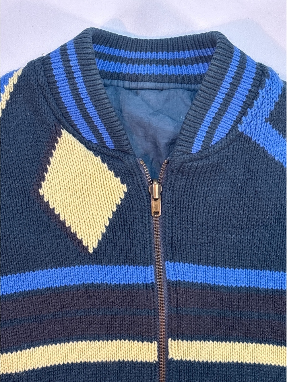Vintage 80s Crocodile Zip Revers Knit Jacket Size S Geometric Teal Blue Lined